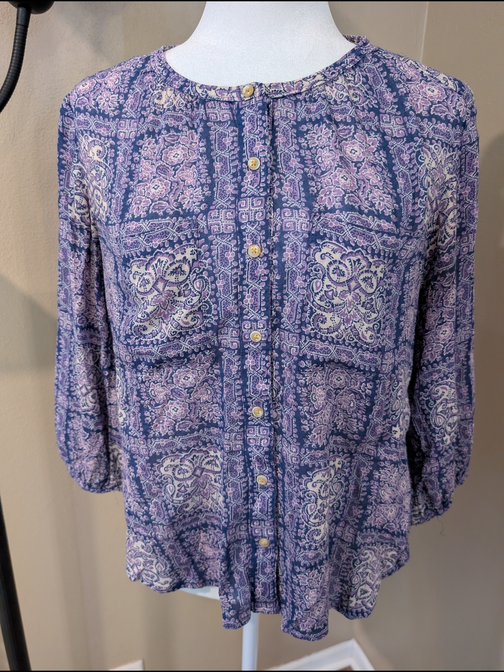 Anthropologie Medium Petite Lavender and Navy Paisley Button-Front Blouse - Picture 2 of 8